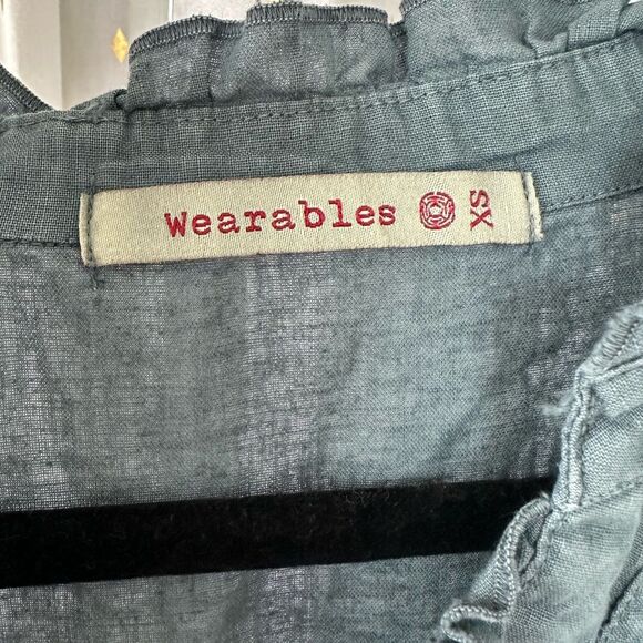 Wearables Belita Ruffle Split V Neck Linen-Blend Short Sleeve Raw Hemline Top XS - Picture 6 of 8